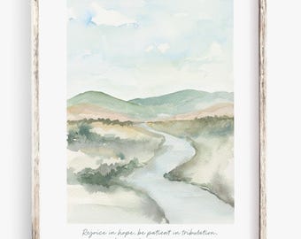 Romans 12:12 Watercolor Art Print | Christian Scripture, Landscape