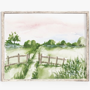 Watercolor Landscape Art Print - Sunrise Field