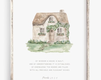 Proverbs 24: 3-4  Watercolor Art Print | Christian Scripture | Cottage Home 8x10