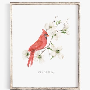 Virginia State Bird and Flower - Watercolor Art Print - Cardinal Dogwood - 8x10