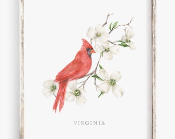 Virginia State Bird and Flower - Watercolor Art Print - Cardinal Dogwood - 8x10