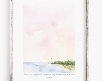 Psalm 46:1 Watercolor Print | Christian Scripture Art