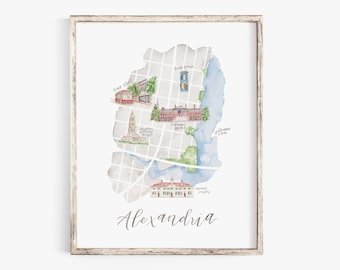 Alexandria Virginia Watercolor Illustration - Old Town Map Wall Print