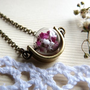 Dainty floral pendant,bronze pendant with real flowers,dainty spinner with glass bottle and real flowers,unique spinner pendant with flowers