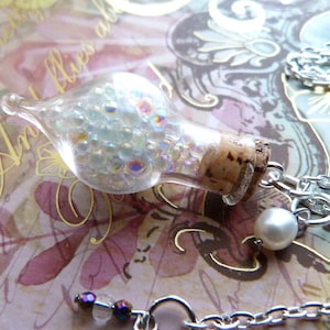 Rainbow glass bubble necklace,bronze or silver necklace,dainty tear drop vial,glass bottle,pearl,sparkly bubbles,fairy bubbles necklace.