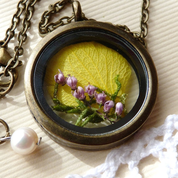 Yellow flower necklace,yellow flower pendant,yellow and lilac necklace,pressed flower necklace,glass locket with flowers,flower jewelry gift