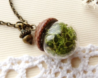 Moss and acorn pendant,bronze,silver,real flower jewelry,terrarium,small glass vial,real moss,woodland,tiny acorn,handmade jewelry,acorn