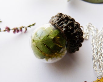 Fern acorn pendant,real fern necklace,real flower jewelry,terrarium,real moss jewelry,woodland,real acorn cap necklace,unique fern necklace