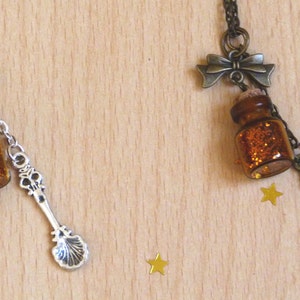 Glitter Bottle Necklace: Tiny Spoon, Bow, Bronze/Silver Vial