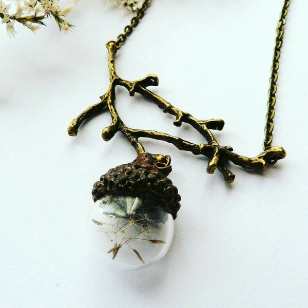 Dandelion acorn necklace,bronze/silver,real flower jewelry,make a wish,gift for her,dainty glass bottle,real acorn cap,glazed acorn,branches