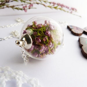 Botanical necklace,miniature terrarium necklace, real dried flowers, silver necklace, real heather and moss jewelry,gift under 30 for her