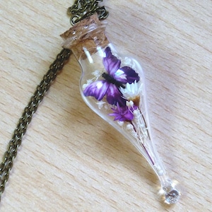 Lilac butterfly necklace,real flower jewelry,terrarium in a teardrop bottle with a cruelty free butterfly,woodland gift/botanical jewelry