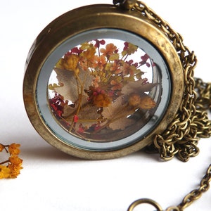 Herbst Halskette,echte getrocknete Blumen,Bronze,Wald,Herbst Halskette,kleine Blumen,echte kleine Baum Blätter,gepresste Blumen,vintage,schneller Versand