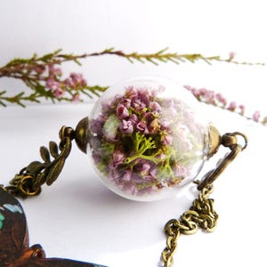 Real Heather Flower Necklace: Glass Ball Botanical Jewelry