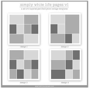 May include: Four different photo collage templates, each with a 12x12 inch grid layout. The templates are designed with a white background and grey squares, with some squares filled in with a darker grey colour.