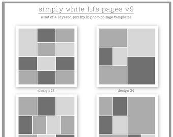 12x12 Digital Photo Collage Page Templates (v9) Simple, Easy, Modern & White