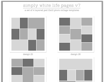 May include: Four different photo collage templates, each with a 12x12 grid of squares. The squares are arranged in different patterns, with some squares filled in grey and others left blank. The templates are labelled "design 25", "design 26", "design 27", and "design 28".