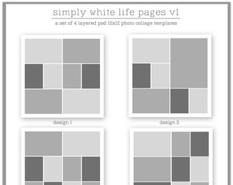 May include: Four different photo collage templates, each with a 12x12 inch grid layout. The templates are designed with a white background and grey squares, with some squares filled in with a darker grey colour.