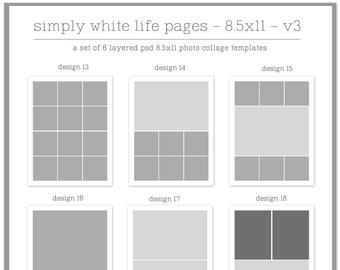 8.5x11 Digital Photo Collage Page Templates (v3) Simple, Easy, Modern & White