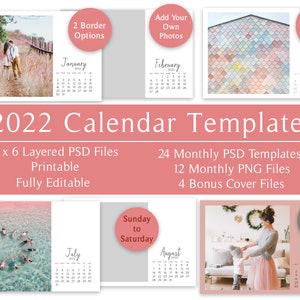 2022 Photo Calendar Templates Monthly Printable Digital 4x6 PSD + PNG (Sunday to Saturday)