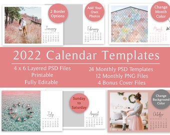 2022 Photo Calendar Templates Monthly Printable Digital 4x6 PSD + PNG (Sunday to Saturday)