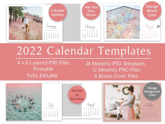 2022 Photo Calendar Templates Monthly Printable Digital 4x6 PSD PNG sunday  to Saturday - Etsy