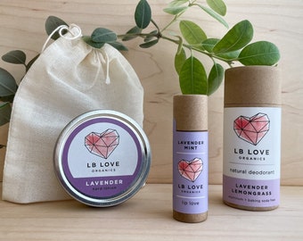 Zero Waste Starter Set, zero waste sensitive skincare kit, full size deodorant, lip balm, and lotion bar, unisex, low waste gift set