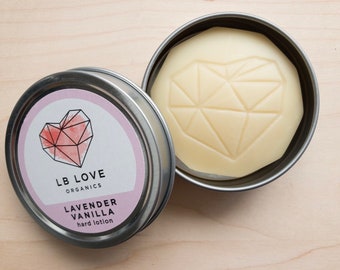 Hard Lotion - Lavender Vanilla Organic Lotion Bar, sensitive skin balm, treatment for gardener hands, solid lotion, lavender scent