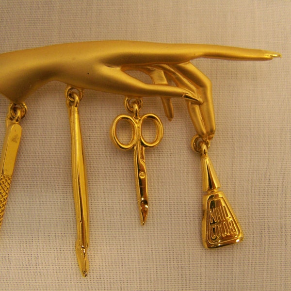 Vintage Manicure Brooch Pin Signed JJ Dangle Manicure Gold Tone Charms
