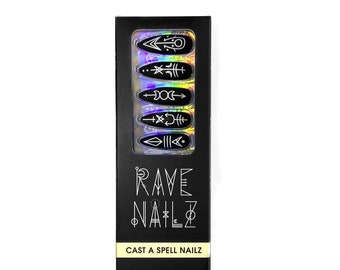 Cast A Spell Nailz, 24 long witchy press on nails, matte black satanic nails, stiletto nails with sigils