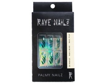 The Palmy Nailz, 24 clear press on nails, clear leaf print stick on nails, tropical fake nails, palm leaves stick ons