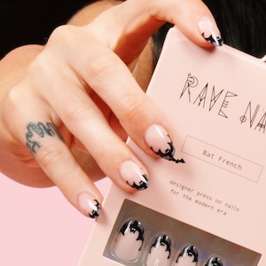 Bat French Nailz, 24 short oval press on nails with bats, halloween french manicure
