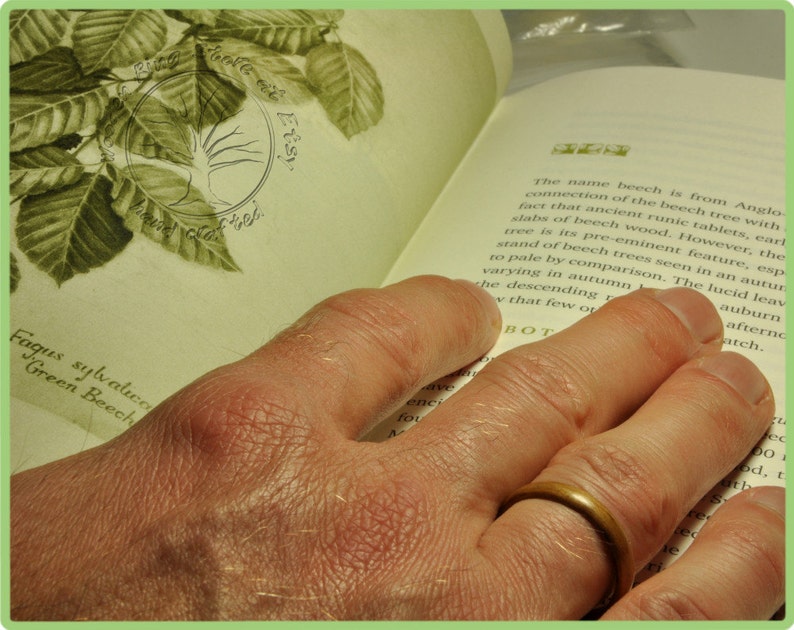 May include: A hand with a gold ring on the finger is pointing at a page in a book about the Green Beech tree. The page has a botanical illustration of the tree and the text "Fagus sylvatica Green Beech".