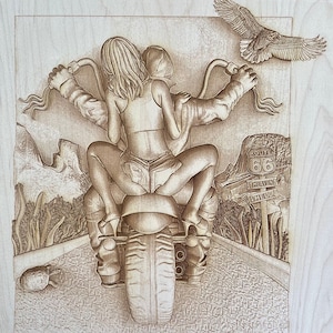 Digital Engraving File - Motorcycle ride Route 66 3D Illusion file for Wood laser engraving-Glowforge, Epilog, Trotec, all lasers