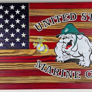 Personalized Wooden American Flag with USMC Devil Dog Logo, American flag wood EGA, USMC Hobbyist License 20114