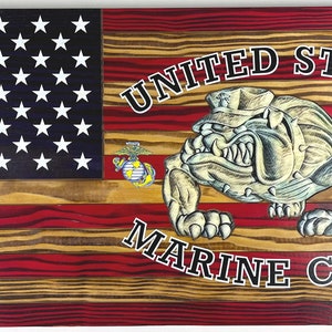 Personalized Wooden American Flag with USMC Devil Dog Logo, American flag wood EGA, USMC Hobbyist License 20114