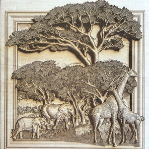 Digitale gravering Elephant Scene Safari Twee versies 3D Illusion bestand voor Hout laser ready graveren - Glowforge, Epilog, Trotec, alle lasers