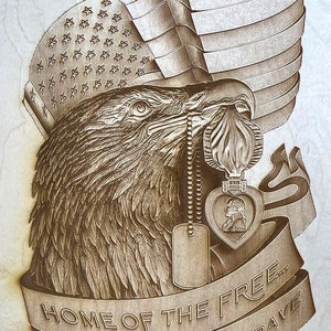 Digital Engraving Purple Heart and Eagle 3D Illusion file for Wood laser ready engraving - Glowforge, Epilog, Trotec, all lasers