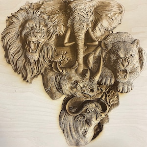 Arquivo de ilusão 3D de gravura digital Africa Animals para gravação pronta a laser em madeira - Glowforge, Epilog, Trotec, todos os lasers