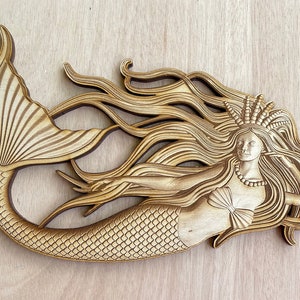 Wooden Mermaid Laser engraved and cut out of 1/4&quot; maple plywood, Wood cutout, Decor