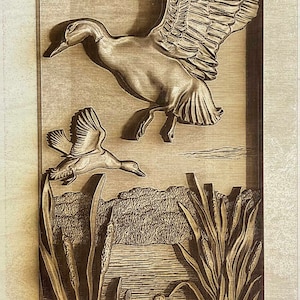 Arquivo de ilusão 3D de pato em vôo no lago para gravação a laser em madeira - Glowforge, Epilog, Trotec, todos os lasers