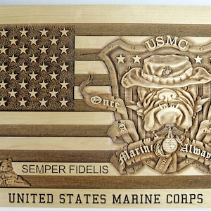 USMC - Marine Corps laser US Flag Devil Dog carved plaque / sign - USMC Hobbyist Lic 20336