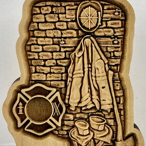 Firefighter / Fireman Gear in Firehouse 3D Maple Wood Ornament / Shelf Decor