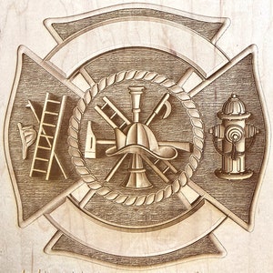 Digitaal graveerbestand: brandweerman Maltezer kruis 3D-illusiebestand personaliseren voor houtlasergravure: Glowforge, Epilog, Trotec, alle lasers