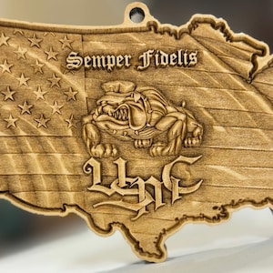 USMC Marine Corps Devil Dog on US Flag Personalized 3D Maple Wood Shelf Decor- USMC Hobbyist License 20114