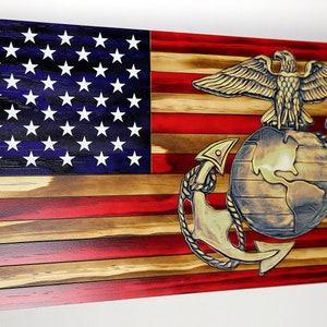 Personalized Wooden American Flag with USMC Marin Corps logo, American flag wood EGA, USMC Hobbyist License 20114