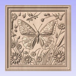 Archivo STL de relieve de margaritas enmarcadas con mariposas para un enrutador CNC 3D.