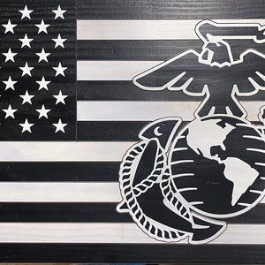 Personalized Wooden American Flag with USMC Marin Corps logo, American flag wood EGA, USMC Hobbyist License 20114
