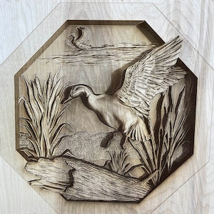 Arquivo de ilusão 3D de pato em vôo no lago para gravação a laser em madeira - Glowforge, Epilog, Trotec, todos os lasers