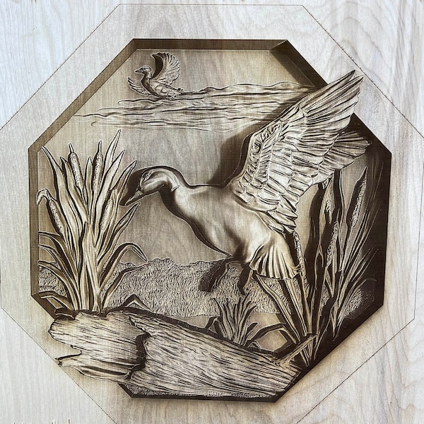 Digital Engraving Duck in Flight on Lake 3D Illusion file for Wood laser ready engraving - Glowforge, Epilog, Trotec, all lasers